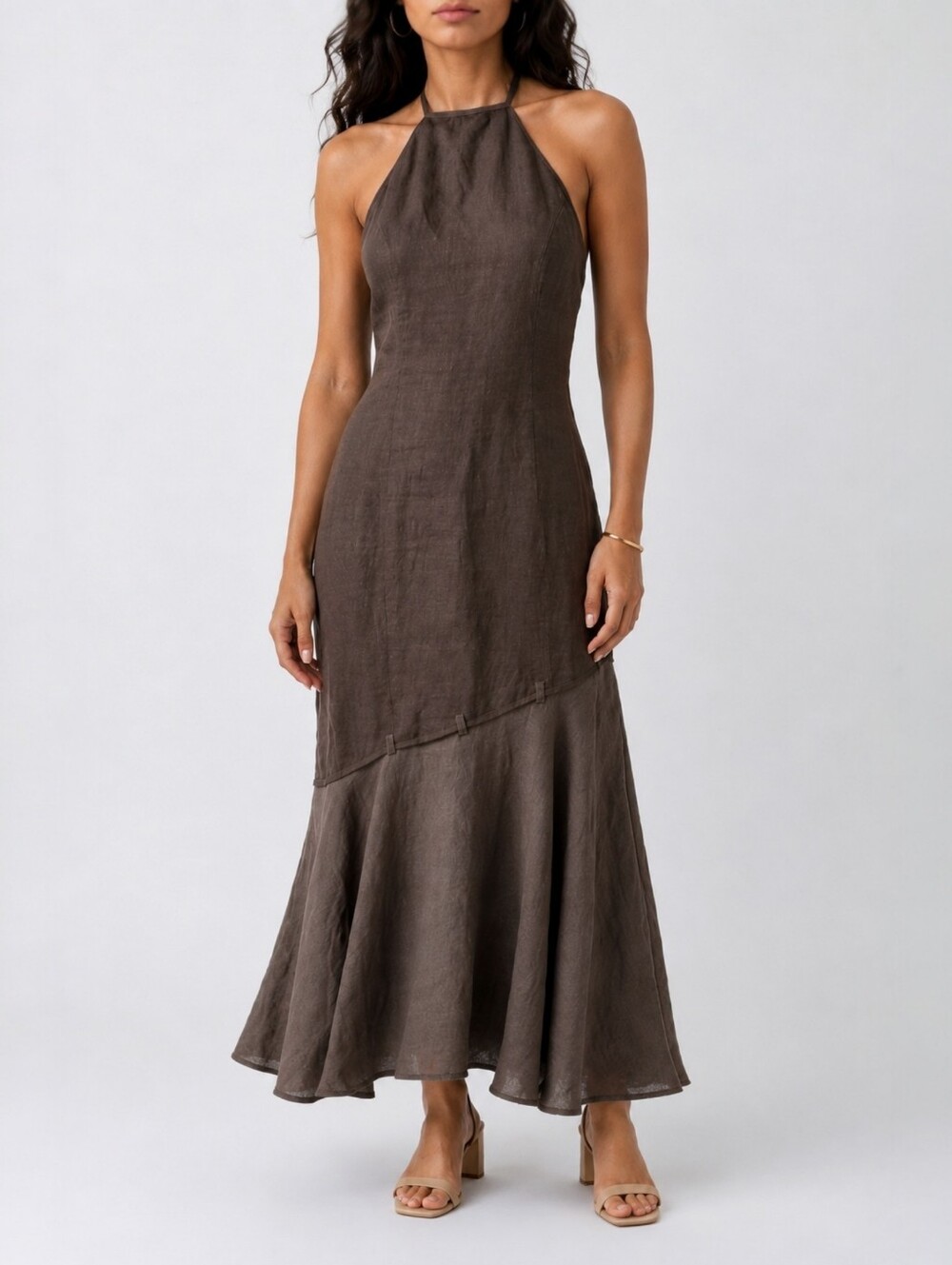 Stephanie Brown Linen Halter Maxi Dress Brown Backless Flared Fishtail UK 10